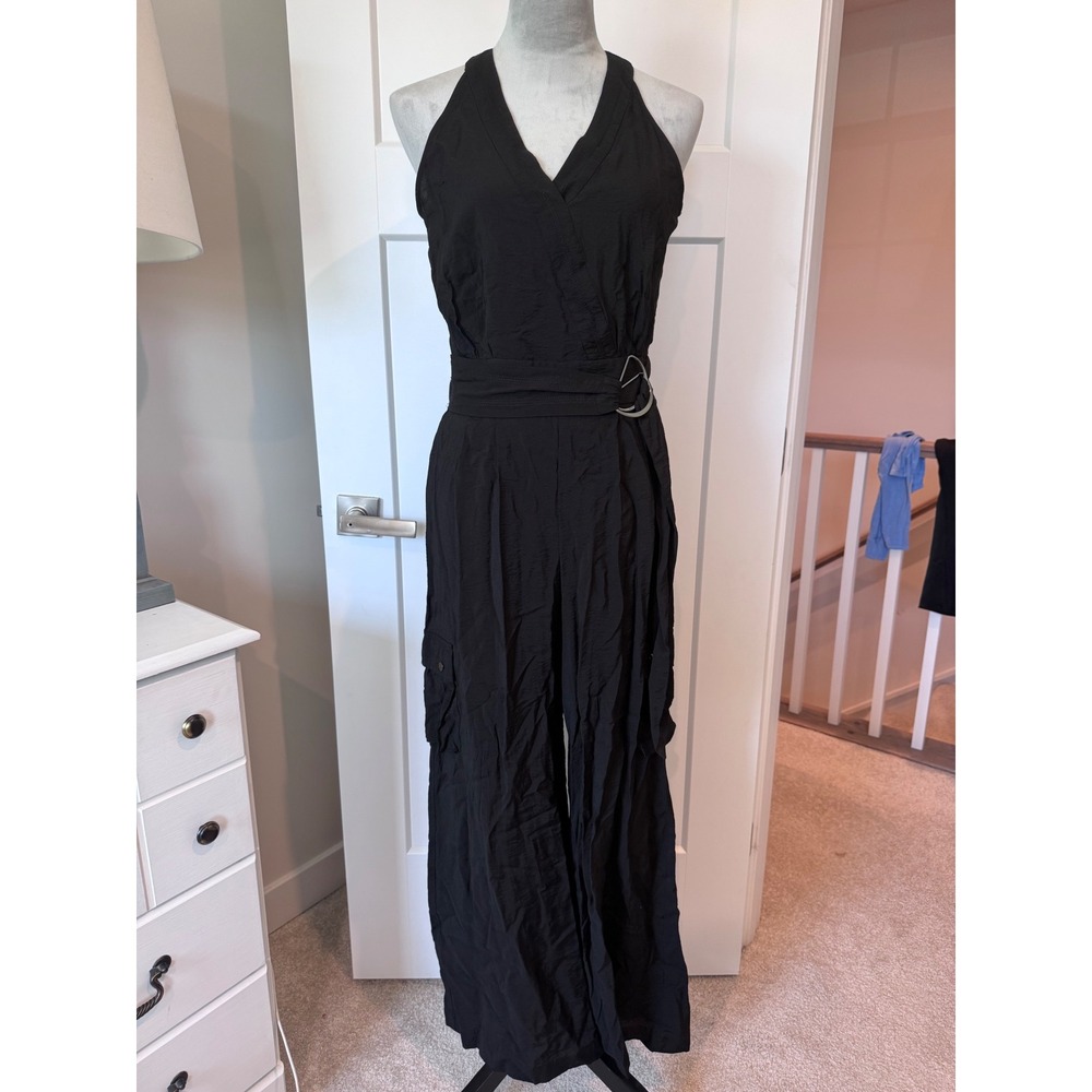White House Black Market Black Halter Cargo Wide Leg Jumpsuit XS Utility V-Neck